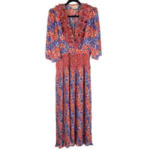 Vintage Susan Freis Floral Print Bright Pleated Maxi Dress Gypsy Whimsy Small